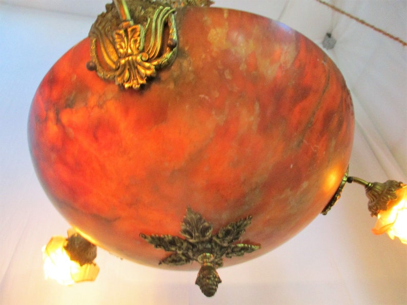 Art Nouveau Pendant Chandelier Alabaster Amber Flower Shades 4 Lights Ormolu