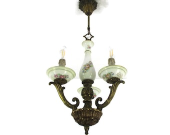 Small Chandelier Ceramic Bronze 3 lights Arms Italian Style Hollywood Regency
