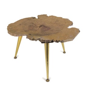 Small Wooden Wood Brutalist table brass Legs Wooden top Steampunk modernist