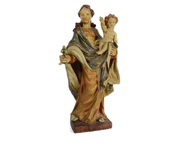 アンティーク 聖母マリアと幼子イエス 彫刻石膏壁掛け アンティーク 18