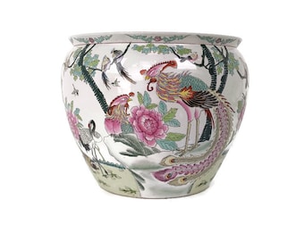 L Vintage Chinese Porcelain Enamel Famille Rose Koi Fish Bowl Planter Vase  Cachepot Flower Pot Bird Of paradise Peacock WOW