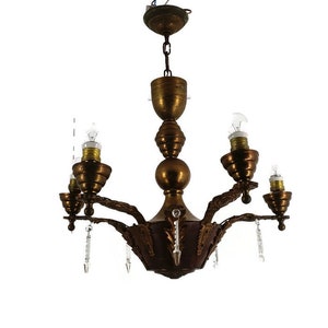 Art Deco Chandelier carved wood Ornate Brass Leafs Prisms 5 arm Lights Beautiful