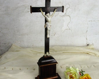 Antique French Standing Wooden Crucifix Jesus Christ Bisque Andenne Corpus 1900