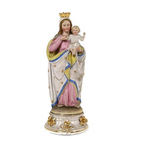 Estatua de bisque antigua francesa Virgen María Señora Madonna Niño Jesús Hermosa Francia