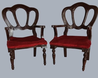 Pair of Dolls Chairs Red Velvet Wood Victorian Style for Large Dolls