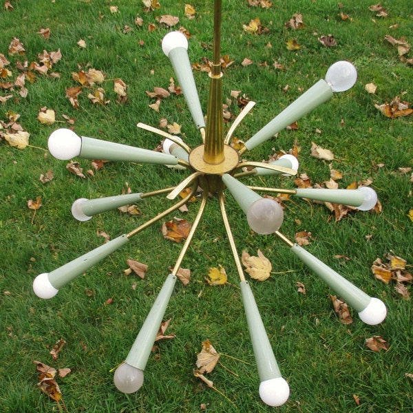 RESERVED SUSANVintage Italian Sputnik Spider Chandelier era Stilnovo Green Iron Tubes 12 Arms