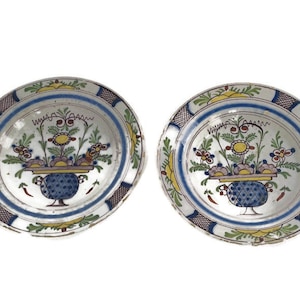 Couple 19th Century Delft Wall hanging Charger Plates Polychrome Antique Collector Delftware
