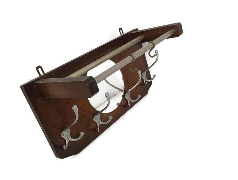 Petit Porte-Manteau Vintage Chemin De Fer Avec Chapeau, Miroir Rond Industriel Moderne Du Milieu Siècle