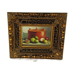 small antique painting on wood gorgeous frame plaster wood ornate still life fruit