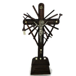 Tramp Trench Tramp Folk art Standing Hand Carved Wood Crucifix tools of Passion