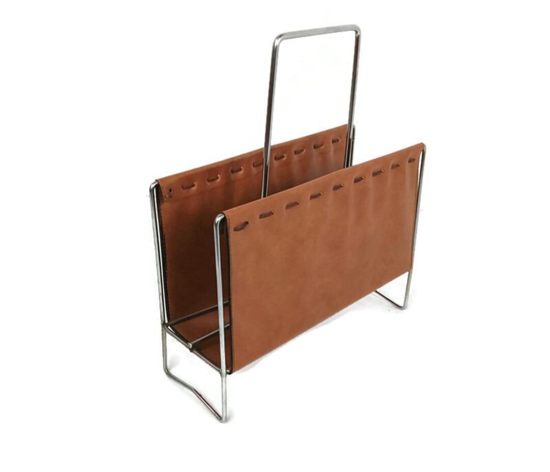 Newspaper Basket Rack Vintage Chrome Leather Funky Storage Magazine ...