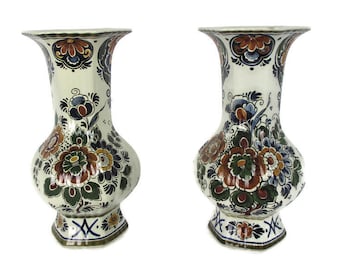 Couple Pair Holland Rare Delft Polychrome Porcelain Vases Floral design Marked