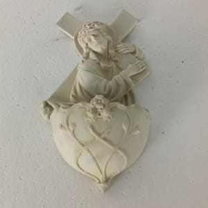 Antique Holy Water font Vessel  Bisque Porcelain Jesus Christ carrying Cross Crucifix