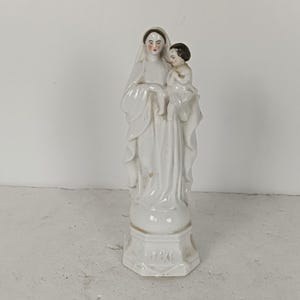 Estátua de porcelana antiga de 1900 Vieux Paris Bisque Virgem Maria Madonna com o Menino Jesus