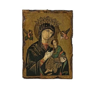 Vintage Wooden Icon  Perpetual help Print On wood Infant Child Madonna
