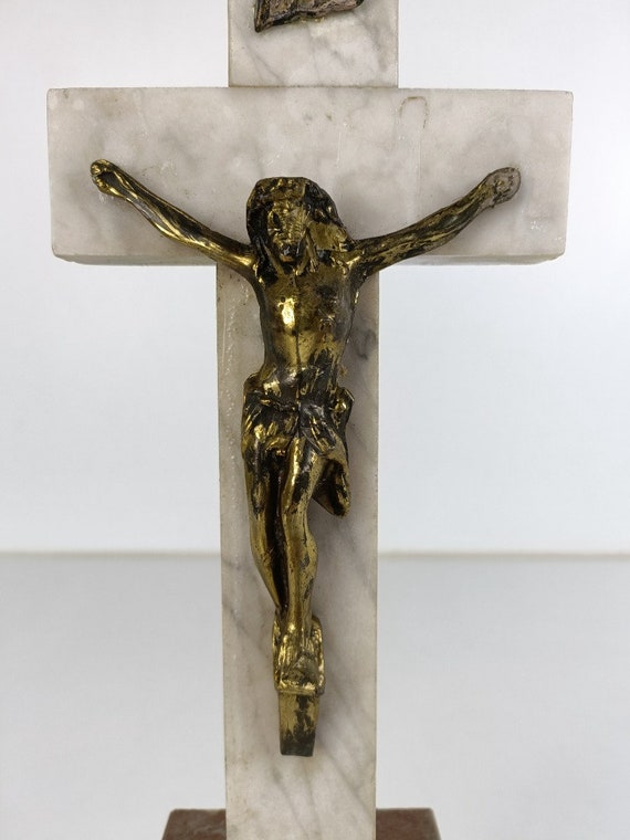 Antique Ornate Marble Onyx Jesus Christ Cross Cross Table Standing