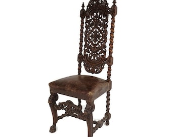 Antique Barley Twist Hand carved Wood Chair Leather Seating Ornate lion Heads Gothic Exquisite