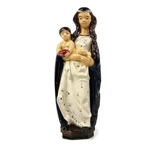 Vintage Keramik handgemachte Wandbehang Plakette Jungfrau Maria Kind Jesus Madonna Polychrome