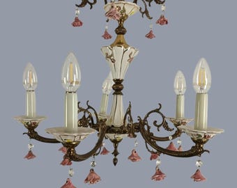 Italian Chandelier 6 arm Lights Ornate Brass Porcelain Flowers Pink Roses Lovely