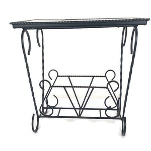 Vintage Mid Century Modern Magazine Newspaper Basket Rack Side Table Ceramic Tiles Wrought Iron