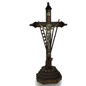 Tramp Trench Tramp Folk art Standing Hand Carved Wood Crucifix tools of Passion Spelter Corpus