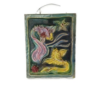 vintage Italian  Wall hanging ceramic pottery fish decor sealife polychrome bas relief