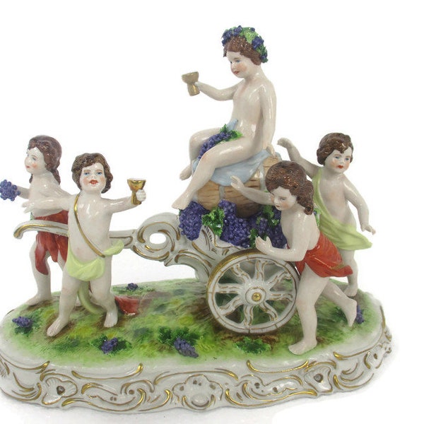 German Porcelain statue Figurine Bacchus Putti grapes Carriage stunning Marked Scheibe Alsbach