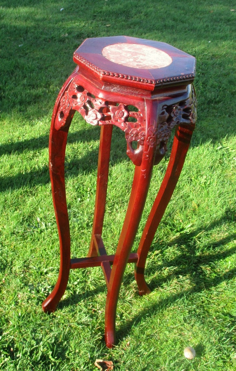 Vintage Carved Oriental Marble Top Chinese Plant Stand