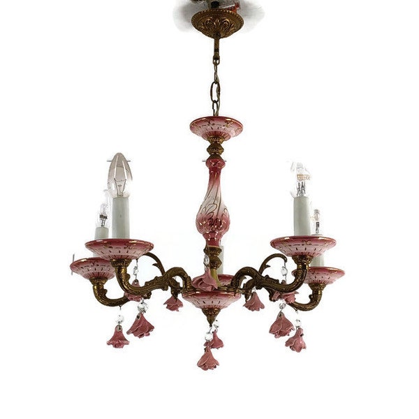 Lustre Porcelaine rose Flower Prisms Laiton vintage Romantique 5 branches 5 lumières