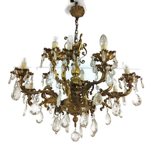 Ornate Brass Chandelier 12 Lights Crystal prisms drops Hollywood regency style High Quality