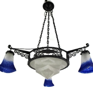 Art Nouveau Deco French Pate de Verre Chandelier Glass paste Wrought Iron WOW