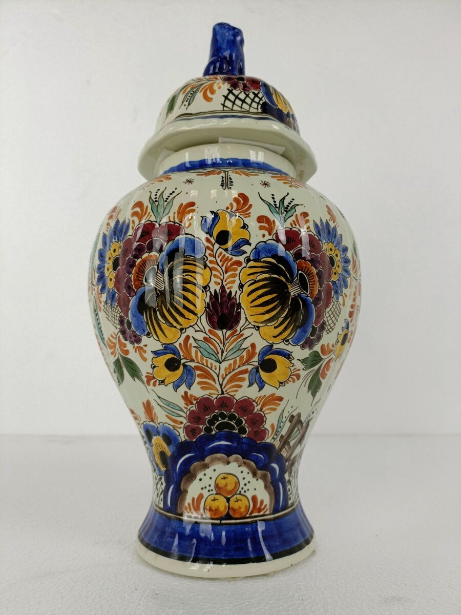 多色デルフト花瓶 壷 マーク フー ドッグ 磁器 セラミック 手描き