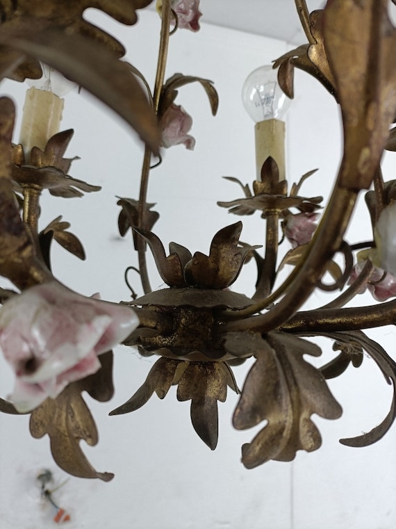 Italian Tole Leaf 4 Light Chandelier Adorned with Porcelain Flowers Italian Tole Leaf 4 Light Chandelier Adorned with Porcelain Flowers