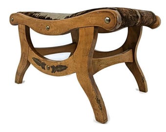Vintage Foot Stool Ottoman Footstool Wooden wooden Legs  Cowhide Funky Authentic
