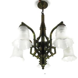 Art Nouveau 5 Lights Arms Chandelier Lamp Art Deco Abstract Glass Shades WOW