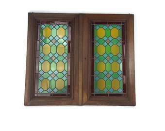 Pair Two Antique Leaded Glass hand Carved Wooden Door Panels Reclaimed Architectural