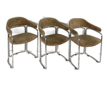 Set of 3 Mid Century Modern Tubular Dining Chairs, Vintage Chrome Fabric Chairs,  Design, Dining room