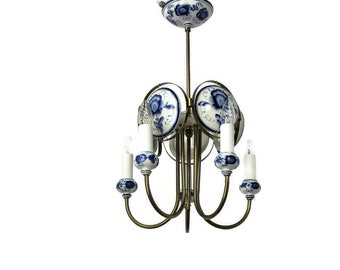 Delft Blue White Porcelain Brass Chandelier Dutch 5 Arm Lights HTF Medallions