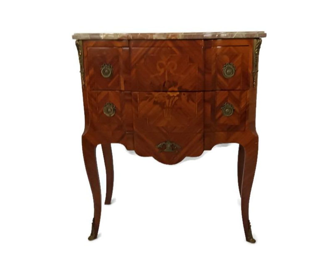 Cabinet Wood Marble Top Inlay Marquetry Brass Trims Commode End Table ...