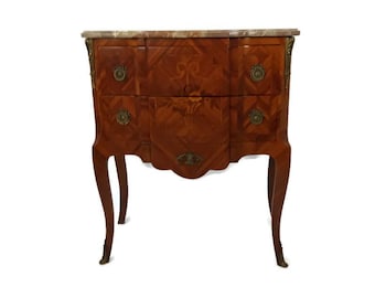 Cabinet Wood Marble top Inlay Marquetry Brass Trims Commode end table vintage WOW