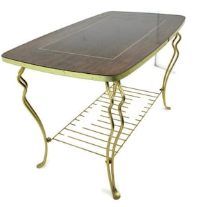 Tavolino da caffè vintage piccolo tavolino occasionale dell&#39;epoca Eames Retro Funky in ottone impiallacciato in legno