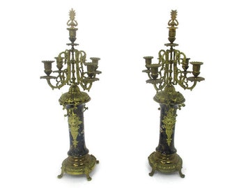 Pareja Candelabros Latón Porcelana Esmalte Adornado Elegante Candelabro 5 brazos WOW Francés