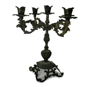 Vintage Faux Brass SpelterOrnate Embossed 5 arm Candle Holder Stick Candelabra Beautiful
