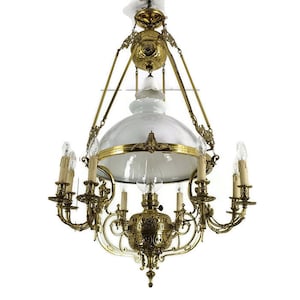 art Nouveau XL Chandelier Bronze Dore Copper Opanine glass Shade 10 lights