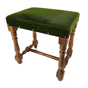 Vintage Foot Stool Ottoman Footstool wood green velvet fabric hobnails modernist