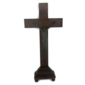 Large Standing Altar Church Chapel Crucifix Jesus Christ Cross Bronze  Corpus Hand Carved Wood Antique