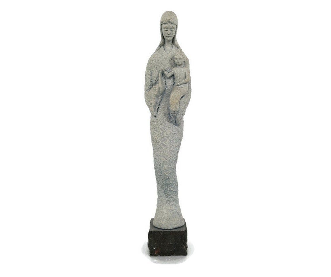 Virgin Mary Madonna Holy Mother Infant Child Plaster Statue on Granite ...