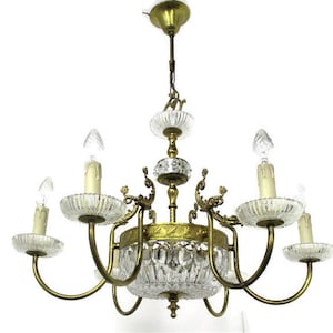 French Chandelier Ornate Brass Crystal Prisms Hollywood Regency Fish WOW 8 light