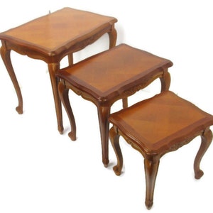 Set of 3 Mid Century Wooden Stacking Nesting Side Tables Inlay Look