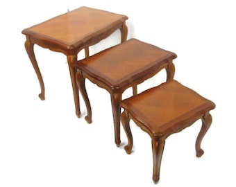 Set of 3 Mid Century Wooden Stacking Nesting Side Tables Inlay Look